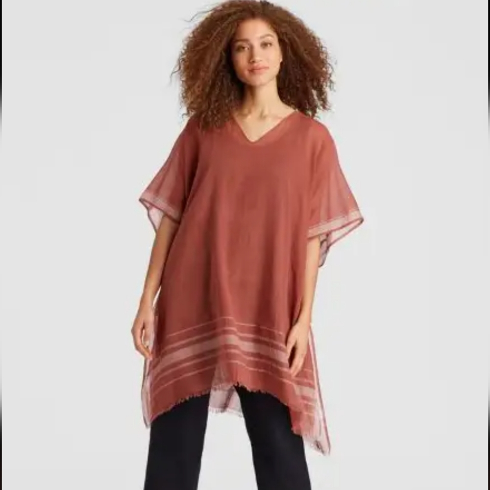 Eileen Fisher Poncho, Brick Red Cotton with Stripes and Frayed Edged, V-Neck